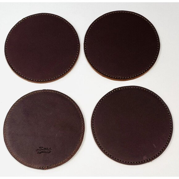 Set 4 SADDLEBACK LEATHER CO Dark Coffee Brown Leather 4" Round COASTERS NWOT NEW - Picture 3 of 5
